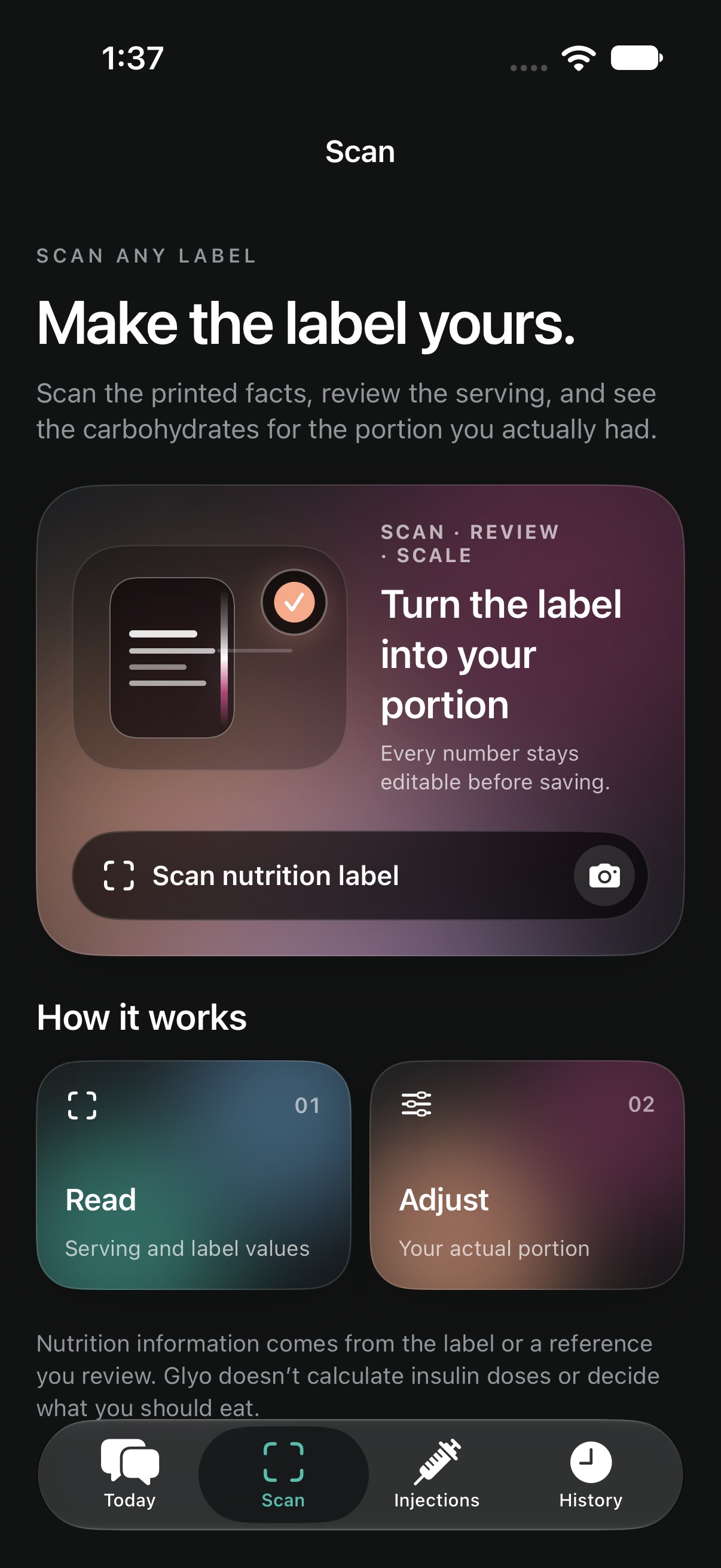 Glyo Scan screen explaining scan, review, and portion adjustment